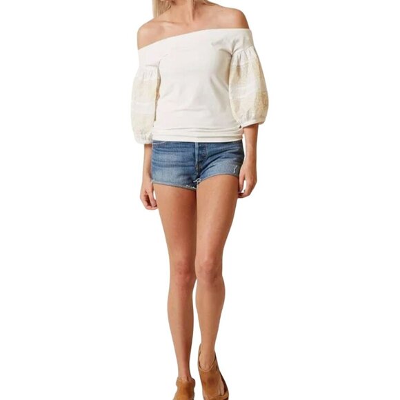 Free People NWT Rock With It Embroidered Knit Blouse Ivory Puff Sleeve Size S - Picture 5 of 11